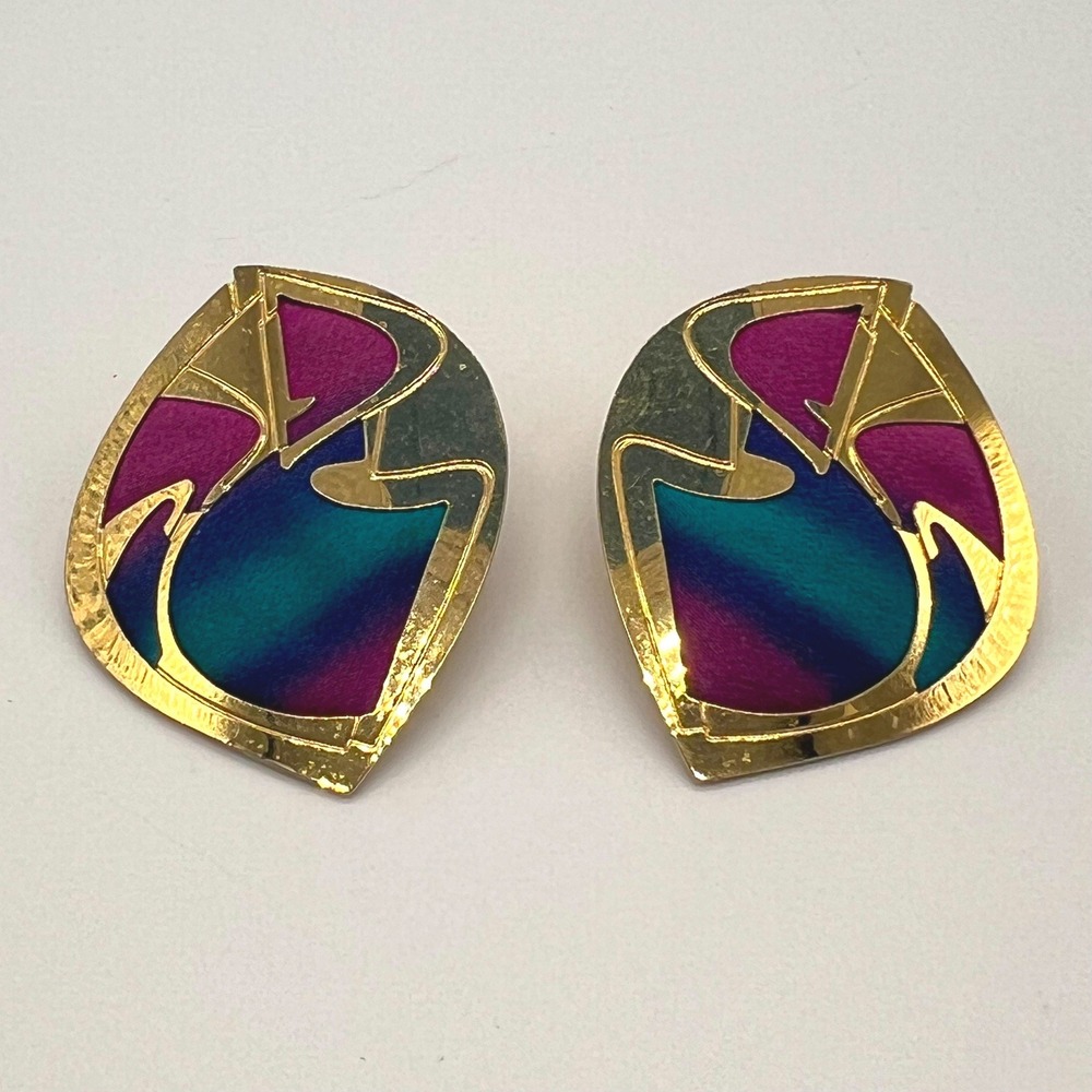 Kyle McKeown 1983 Blue/Purple Silk Gold Tone Earrings Vintage Abstract Signed